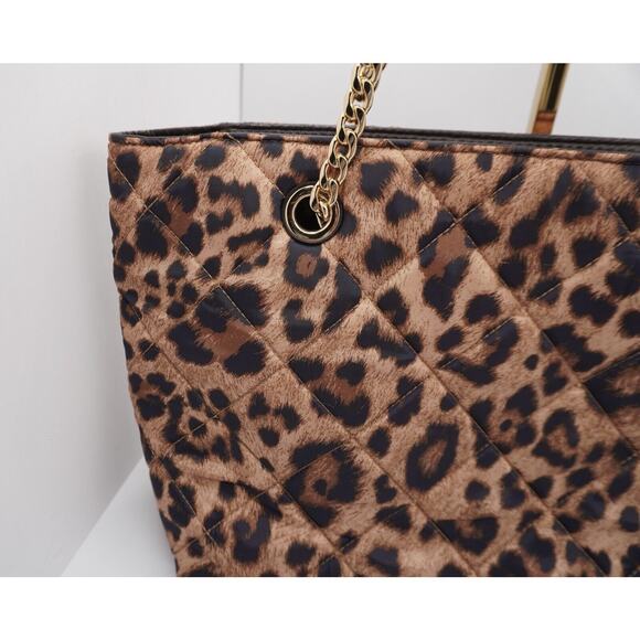 Michael Kors Brown Leopard Print Satin Leather Tote Quilted Academia Chic 36-12 - Picture 6 of 16